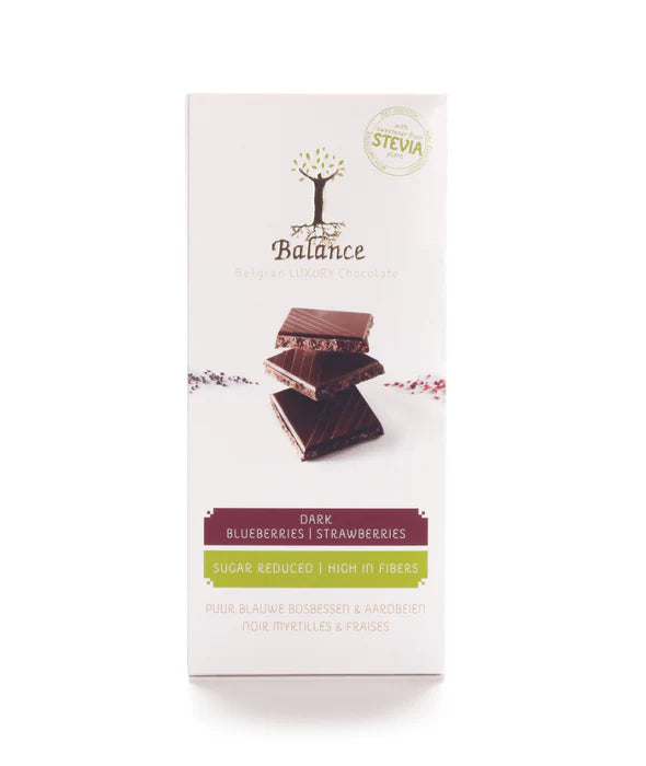 Balance chocolade puur bosbes aardbei stevia minder suiker 85g