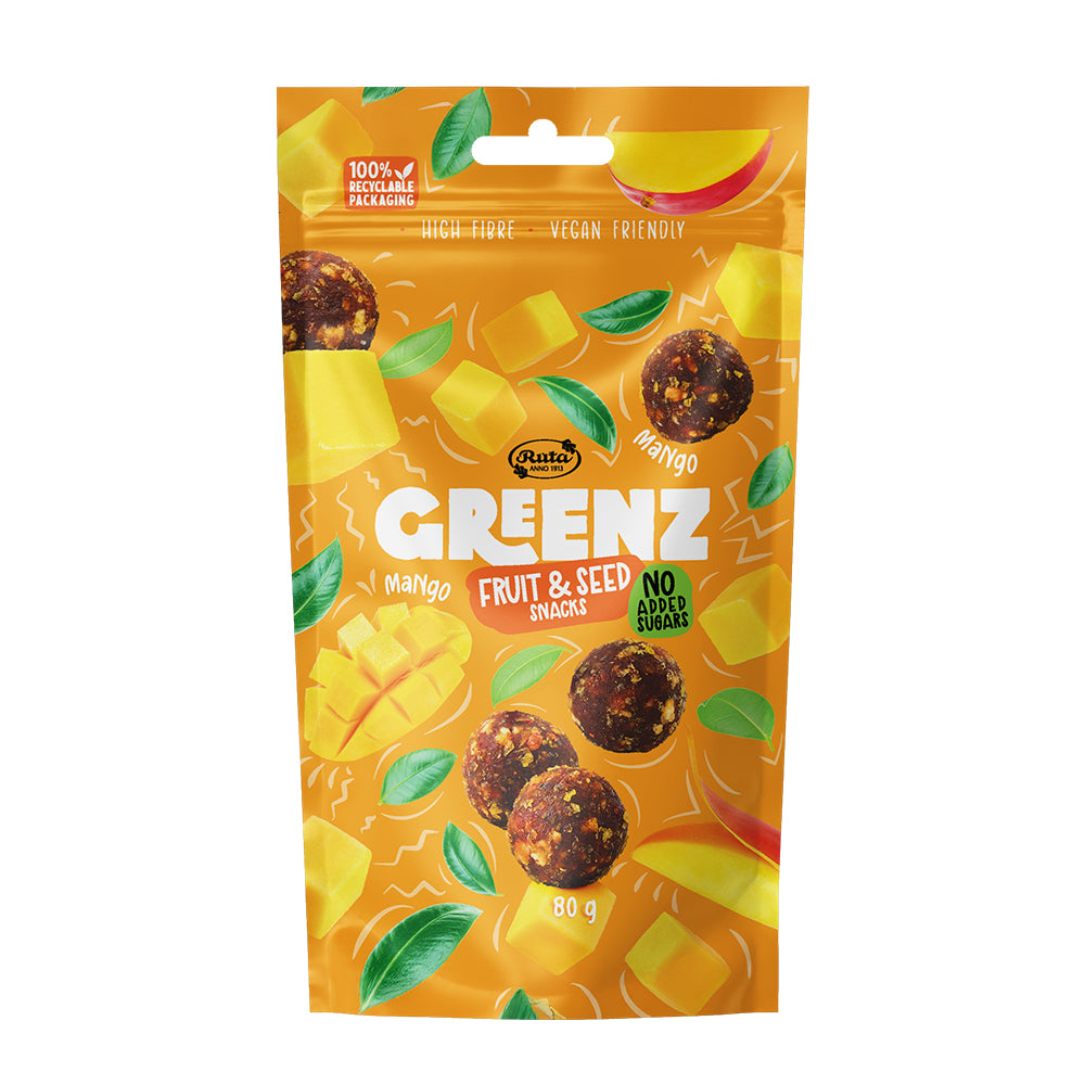 Fruit- en zadensnacks met mango "Greenz mango" 80 g Geen toegevoegde suiker, veel vezels