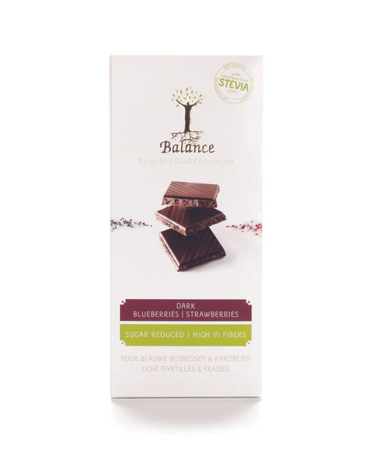 Balance chocolade puur bosbes aardbei stevia minder suiker 85g