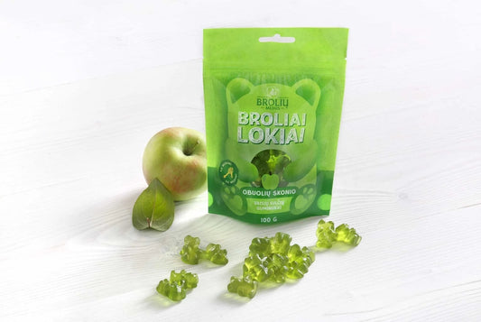 Obuolių skonio, vaisių sulčių guminukai su medumi 100g